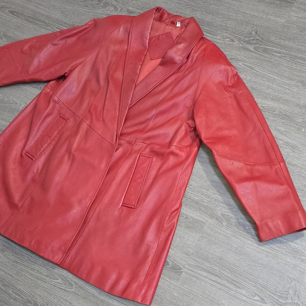 VTG Preston And York Red Lambskin Leather Coat Open Front Mid Length Women's L - Picture 5 of 16